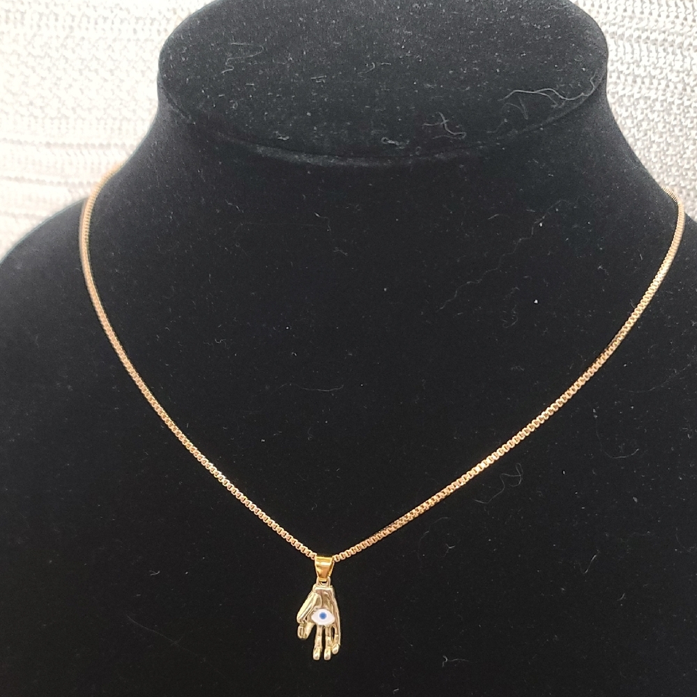 Gold Hamsa Hand Necklace with Blue Eye